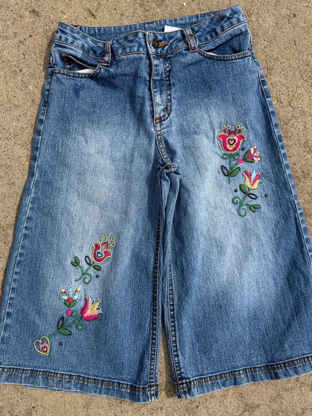 Y2K Nickelodeon Unfabulous Embroidered Floral Wide Leg Denim Culottes - Blue.